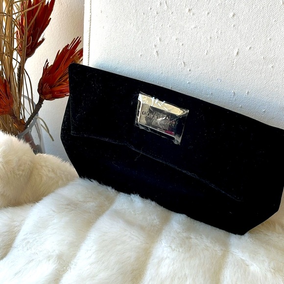 Giorgio Armani Perfum Logo Front Crushed Velvet Pouch Clutch Handbag Black - Picture 2 of 7